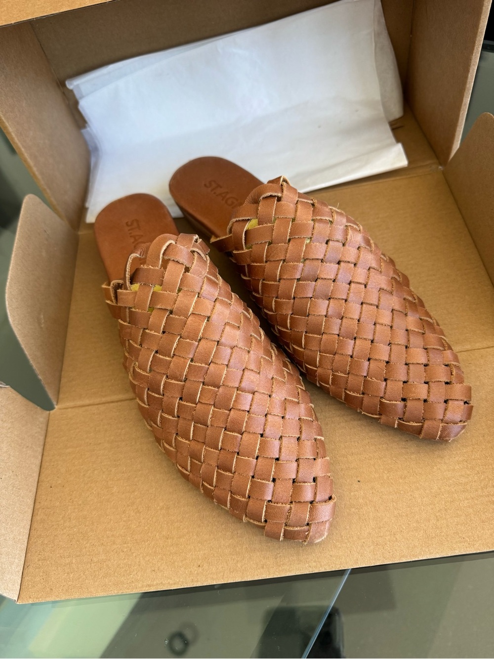 St. Agni Tan Woven Leather Backless Mules